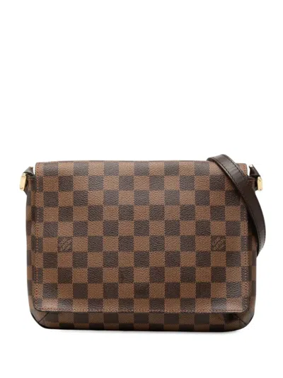 Pre-owned Louis Vuitton 2003 Damier Ebene Musette Tango Short Strap Shoulder Bag In Brown
