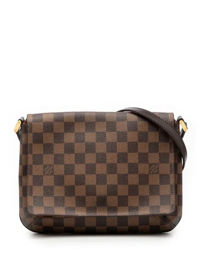 Pre-owned Louis Vuitton 2004 Damier Ebene Musette Tango Long Strap Crossbody Bag In Brown