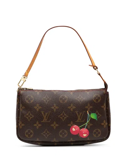Pre-owned Louis Vuitton 2005 Takashi Murakami Monogram Cherry Pochette Accessoires Shoulder Bag In Brown