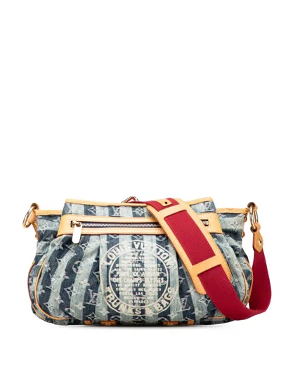 Pre-owned Louis Vuitton 2006 Monogram Denim Porte Epaule Raye Cabas Mm Crossbody Bag In Blue