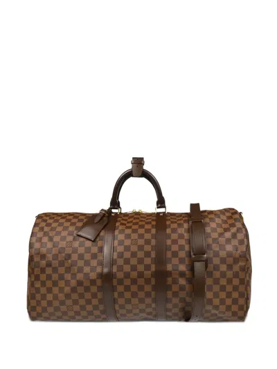 Pre-owned Louis Vuitton 2008 Damier Keepall Bandouliere 55 Duffle Bag In Brown