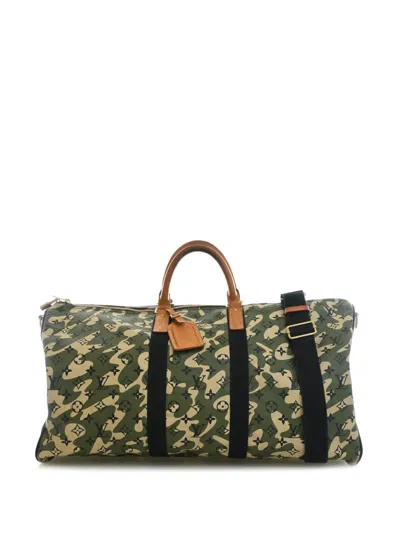 Pre-owned Louis Vuitton 2008 Takashi Murakami Monogramouflage Keepall Bandouliere 55 Satchel In Green