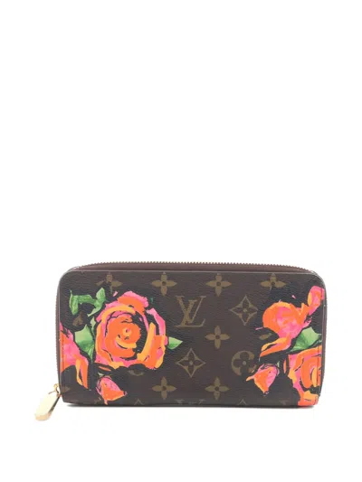 Pre-owned Louis Vuitton 2009 Monogram Rose-print Zip Wallet In Brown