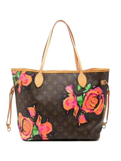 Pre-owned Louis Vuitton 2009 Monogram Roses Neverfull Mm Tote Bag In Brown