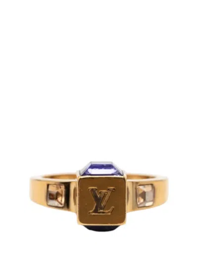 Pre-owned Louis Vuitton 2010 Gold Plated Crystal Gamble Cocktail Ring M Costume Ring