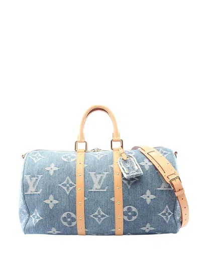 Pre-owned Louis Vuitton 2010-2026 Monogram Denim Studded Keepall Bandouliere 45 Travel Bag In Blue