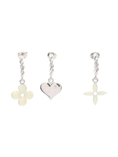 Pre-owned Louis Vuitton 2010s Dreille Sweet Monogram Heart Flower Earrings (set Of Three) In Silver