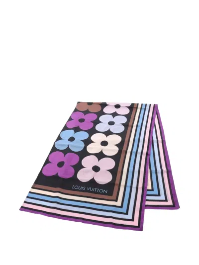 Pre-owned Louis Vuitton 2010s Floral-print Cotton Scarf In Purple