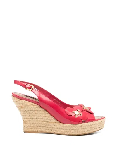 Pre-owned Louis Vuitton 2010s Floral-appliqué Wedge Espadrilles In Red
