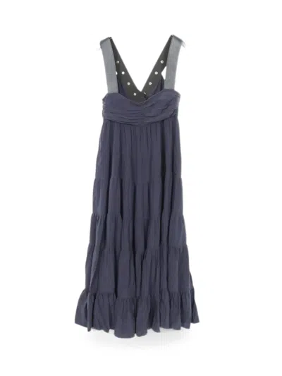 Pre-owned Louis Vuitton 2010s Tiered Leather-trim Midi Dress In Blue