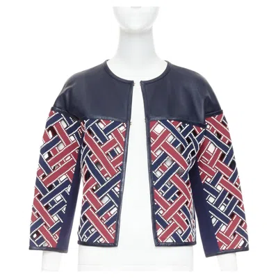 Pre-owned Louis Vuitton 2012 Runway Navy Red Sequinned Cut Out Woven Leather Jacket Fr36 S