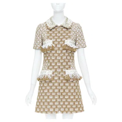 Pre-owned Louis Vuitton 2013 Tan Tweed Sequin Fringe Collar Zip Front Mini Dress Fr40 L In Brown