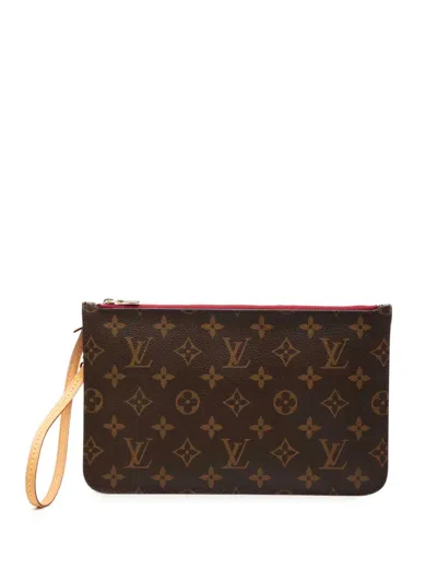 Pre-owned Louis Vuitton 2014 Monogram Neverfull Mm Pouch Clutch Bag In Brown