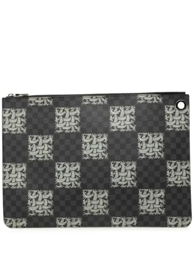 Pre-owned Louis Vuitton 2015 Christopher Nemeth Damier Graphite Rope Pochette Voyage Gm Clutch Bag In Black