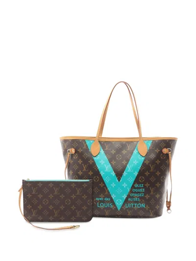 Pre-owned Louis Vuitton 2015 Monogram V Neverfull Mm Tote Bag In Brown