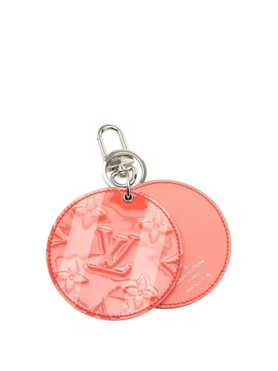Pre-owned Louis Vuitton 2015 Rose Litchi Monogram Vernis Sweet Stripes Mirror Bag Charm And Holder Key Chain In Red