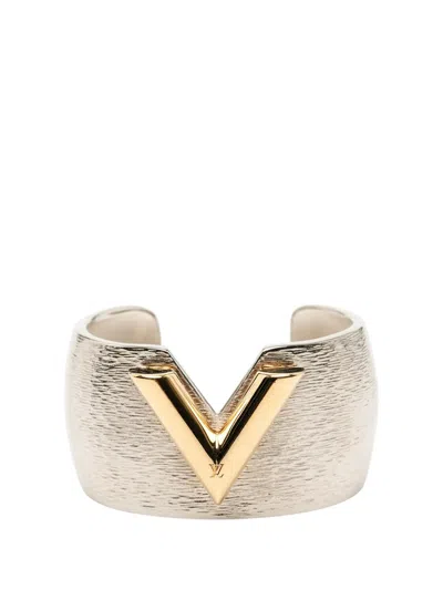 Pre-owned Louis Vuitton 2015 Textured Brass Essential V Colorama Open Cuff Bracelet Costume Bracelet In Silver