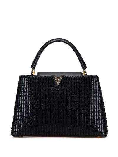 Pre-owned Louis Vuitton 2015 Tweed Capucines Mm Satchel In Black