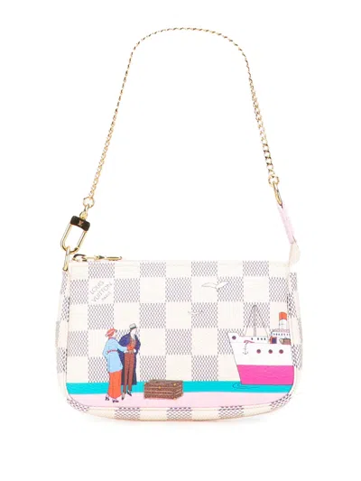 Pre-owned Louis Vuitton 2016 Damier Azur Illustre Transatlantic Mini Pochette Accessories Handbag In White