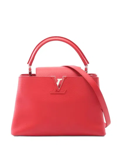 Pre-owned Louis Vuitton 2017 Capucines Pm Logo-plaque Tote Bag In Red