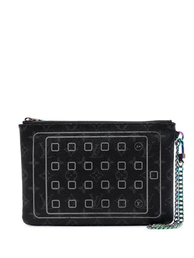 Pre-owned Louis Vuitton 2017 Monogram Eclipse Flash Fragment Ipad Case Clutch Bag In Black