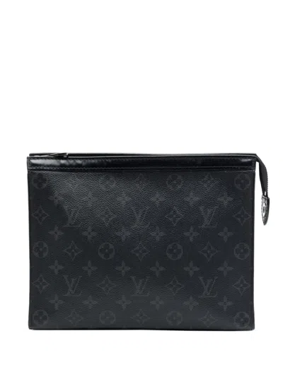 Pre-owned Louis Vuitton 2017 Monogram Eclipse Pochette Voyage Mm Clutch Bag In Black