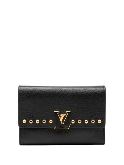 Pre-owned Louis Vuitton 2017 Studded Taurillon Capucines Compact Wallet Small Wallets In Black