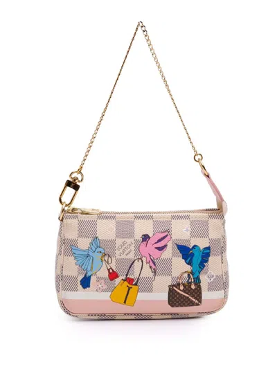 Pre-owned Louis Vuitton 2018 Damier Azur Christmas Birds Mini Pochette Accessoires Handbag In White