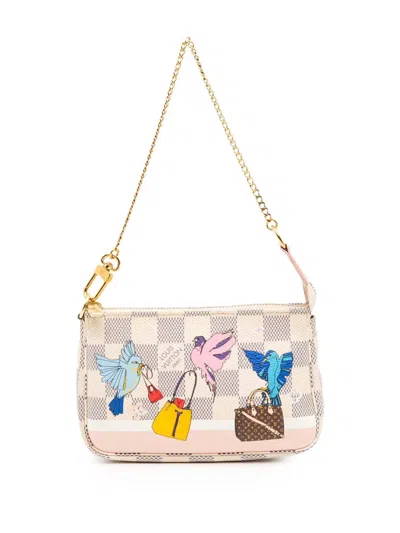 Pre-owned Louis Vuitton 2018 Damier Azur Christmas Birds Mini Pochette Accessoires Handbag In White