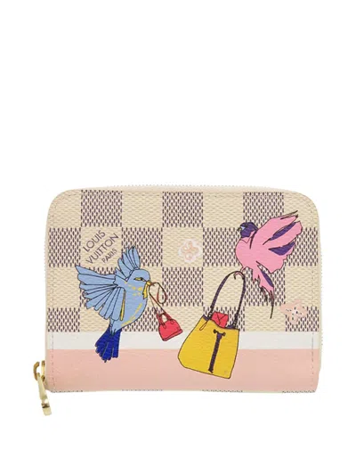 Pre-owned Louis Vuitton 2018 Damier Azur Christmas Birds Zippy Purse Coin Pouch In White