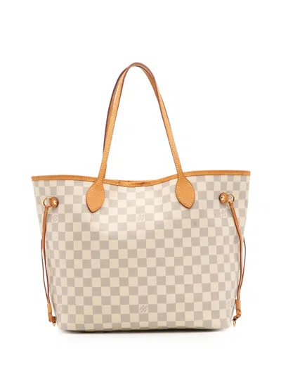 Pre-owned Louis Vuitton 2018 Damier Azur Neverfull Mm Tote Bag In White