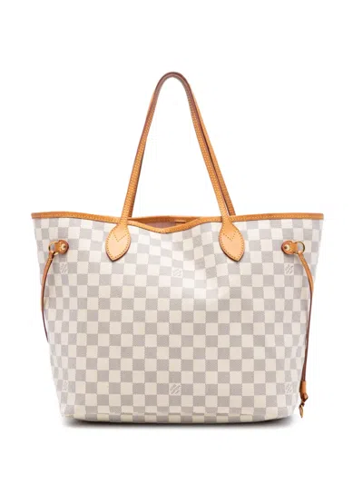 Pre-owned Louis Vuitton 2018 Damier Azur Neverfull Mm Tote Bag In White