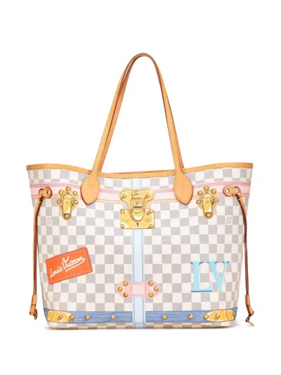 Pre-owned Louis Vuitton 2018 Damier Azur Summer Trunks Neverfull Mm Tote Bag In White