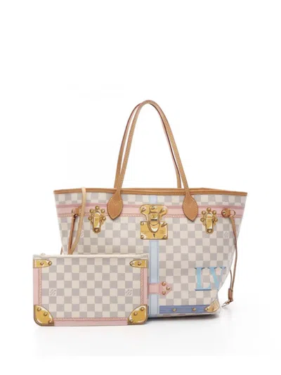Pre-owned Louis Vuitton 2018 Damier Azur Summer Trunks Neverfull Mm Tote Bag In White