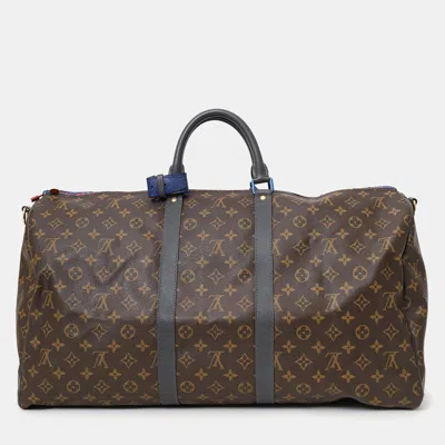 Pre-owned Louis Vuitton 2018 Limited Edition Monogram Taiga Outdoor Keepall Bandouliere 55 With Strap In Brown