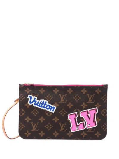 Pre-owned Louis Vuitton 2018 Monogram Patches Neverfull Mm Pouch In Brown