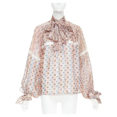 Pre-owned Louis Vuitton 2018 Runway Silk Floral Stripes Pussybow Tie-neck Blouse Fr36 S In Sand