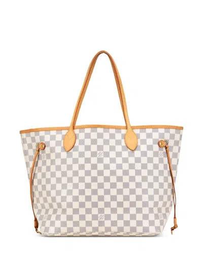 Pre-owned Louis Vuitton 2019 Damier Azur Neverfull Mm Tote Bag In White