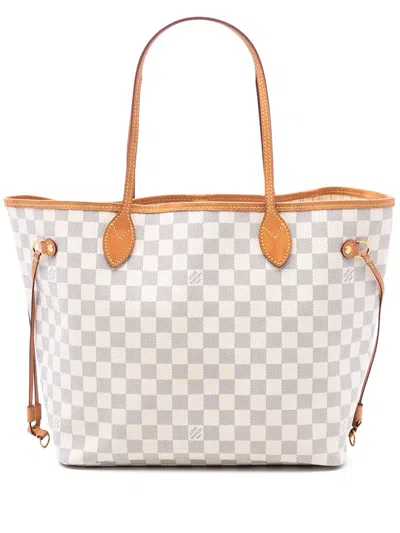 Pre-owned Louis Vuitton 2019 Damier Azur Neverfull Mm Tote Bag In White