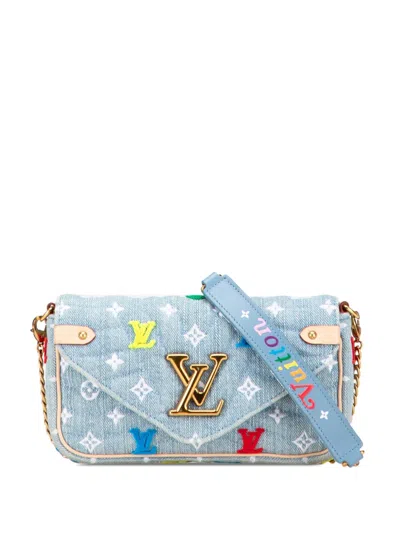 Pre-owned Louis Vuitton 2019 Embroidered Monogram Denim New Wave Chain Pochette Crossbody Bag In Blue