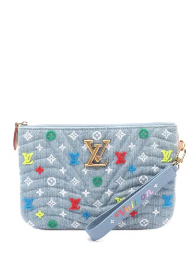 Pre-owned Louis Vuitton 2019 Embroidered Monogram Denim New Wave Zipped Pochette Clutch Bag In Blue