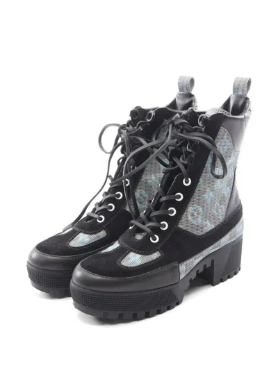 Pre-owned Louis Vuitton 2019 Laureate Line Monogram Platform Boots In Black