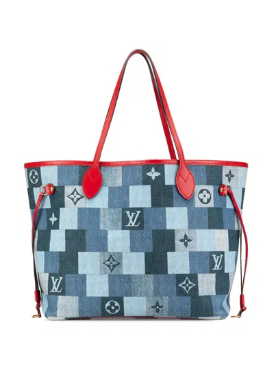 Pre-owned Louis Vuitton 2019 Monogram Denim Patchwork Neverfull Mm Tote Bag In Red