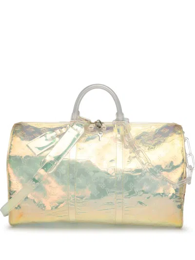 Pre-owned Louis Vuitton 2019 Monogram Prism Keepall Bandouliere 50 Travel Bag In White