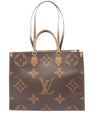 Pre-owned Louis Vuitton 2019 Monogram Reverse Giant Onthego Gm Satchel In Brown