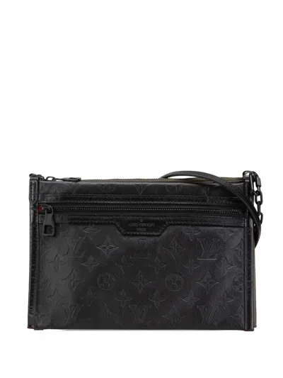 Pre-owned Louis Vuitton 2019 Monogram Shadow Double Flat Messenger Crossbody Bag In Black