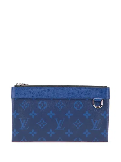 Pre-owned Louis Vuitton 2019 Monogram Taigarama Pochette Discovery Pm Clutch Bag In Blue