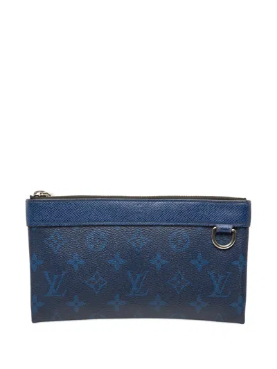 Pre-owned Louis Vuitton 2019 Monogram Taigarama Pochette Discovery Pm Clutch Bag In Blue