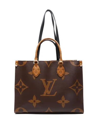 Pre-owned Louis Vuitton 2020 Giant Monogram On The Go Mm Tote Bag In Brown