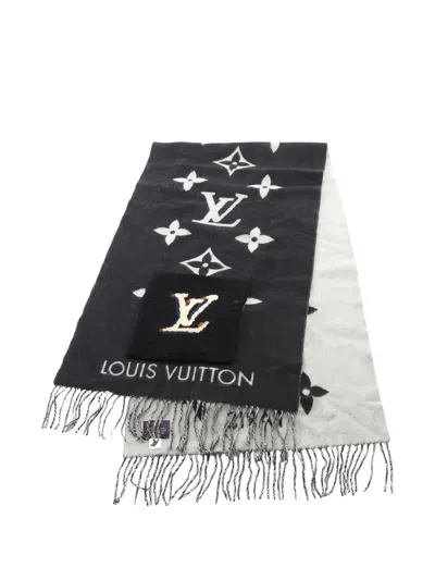 Pre-owned Louis Vuitton 2020's Monogram Fringed Scarf In Black